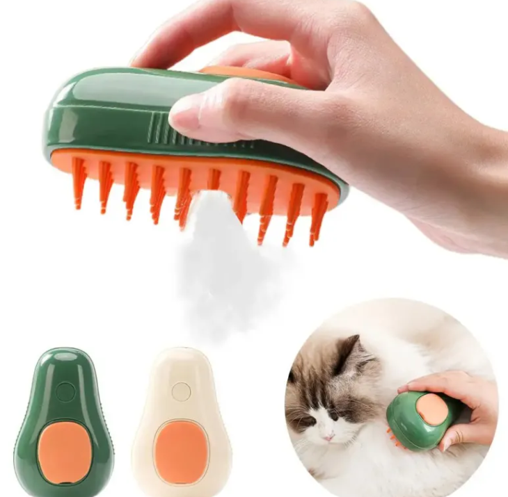 Muffy avocado green USB pet brush showing bristles and ergonomic handle for grooming cats and dogs.
