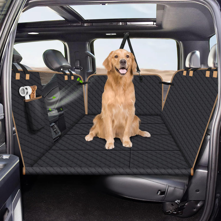 Muffy Lekespring dog car seat cover in black, large size with four panels, hard bottom, and hammock design for SUV or truck back seat.