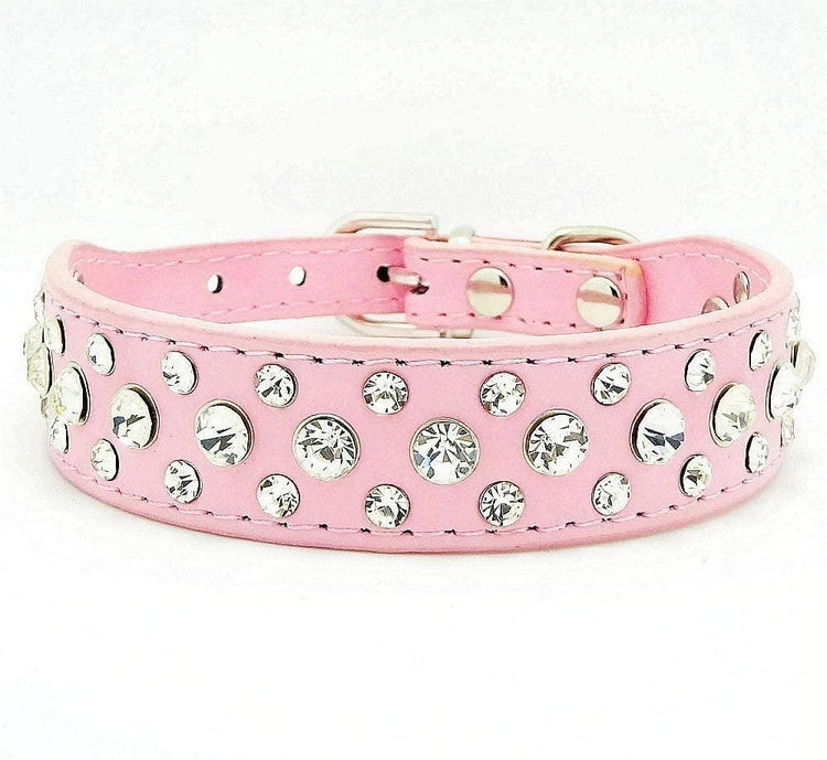 Pink rhinestone dog collar in XL size, 21-inch PU leather collar with sparkling embellishments by Muffy.