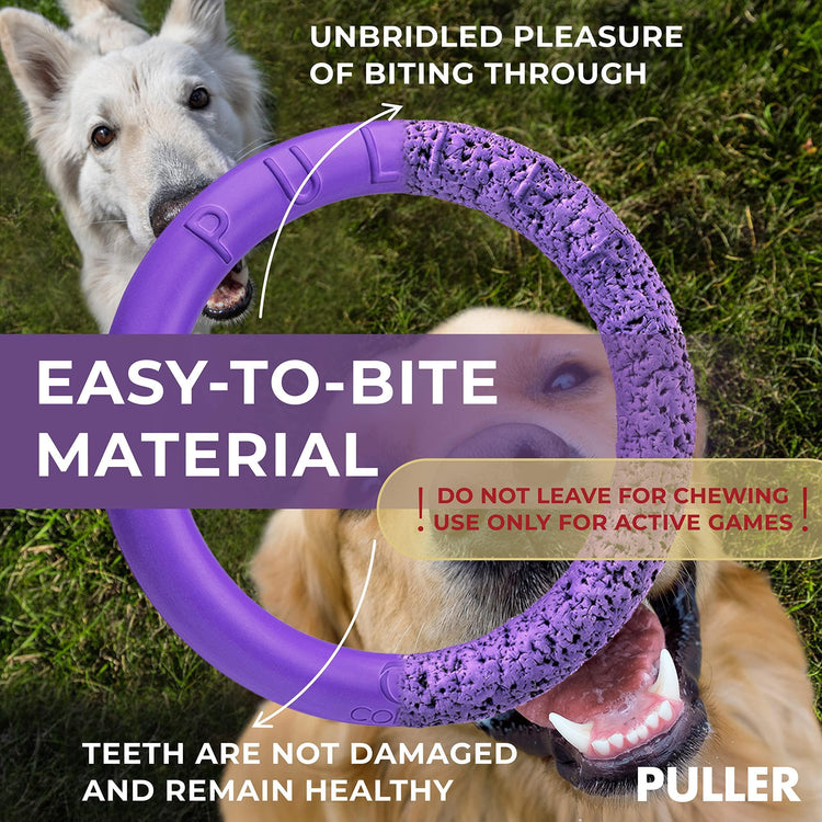 Muffy outdoor dog fetch toy with two large rubber rings for large dogs, suitable for outdoor play and training.