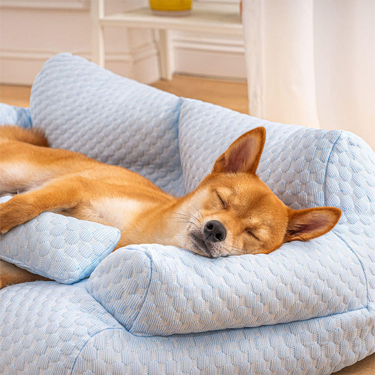Muffy washable dog sofa bed with geometric pattern, plush cushioning, and removable cover for easy cleaning.