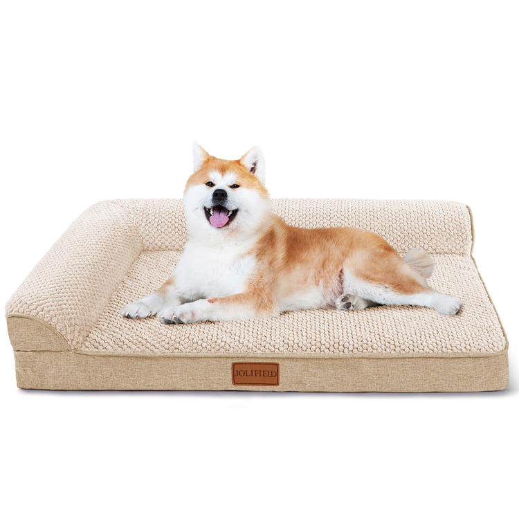 Muffy Jolifield orthopedic dog bed for medium dogs, ivory color, waterproof, L-shaped soft pet sofa with removable cover and non-slip bottom.