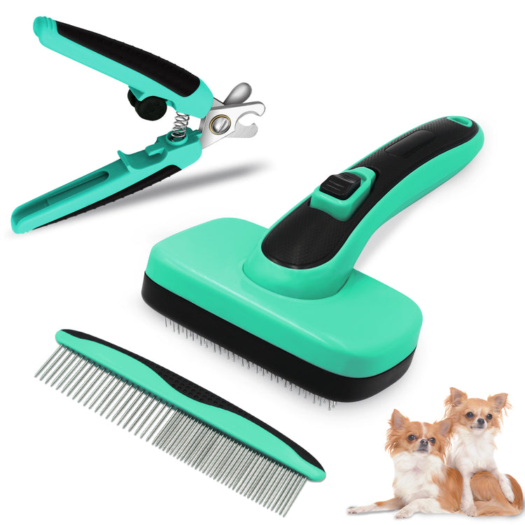 Light blue Muffy retractable pet brush for hair removal and grooming, featuring a comb and ergonomic design.
