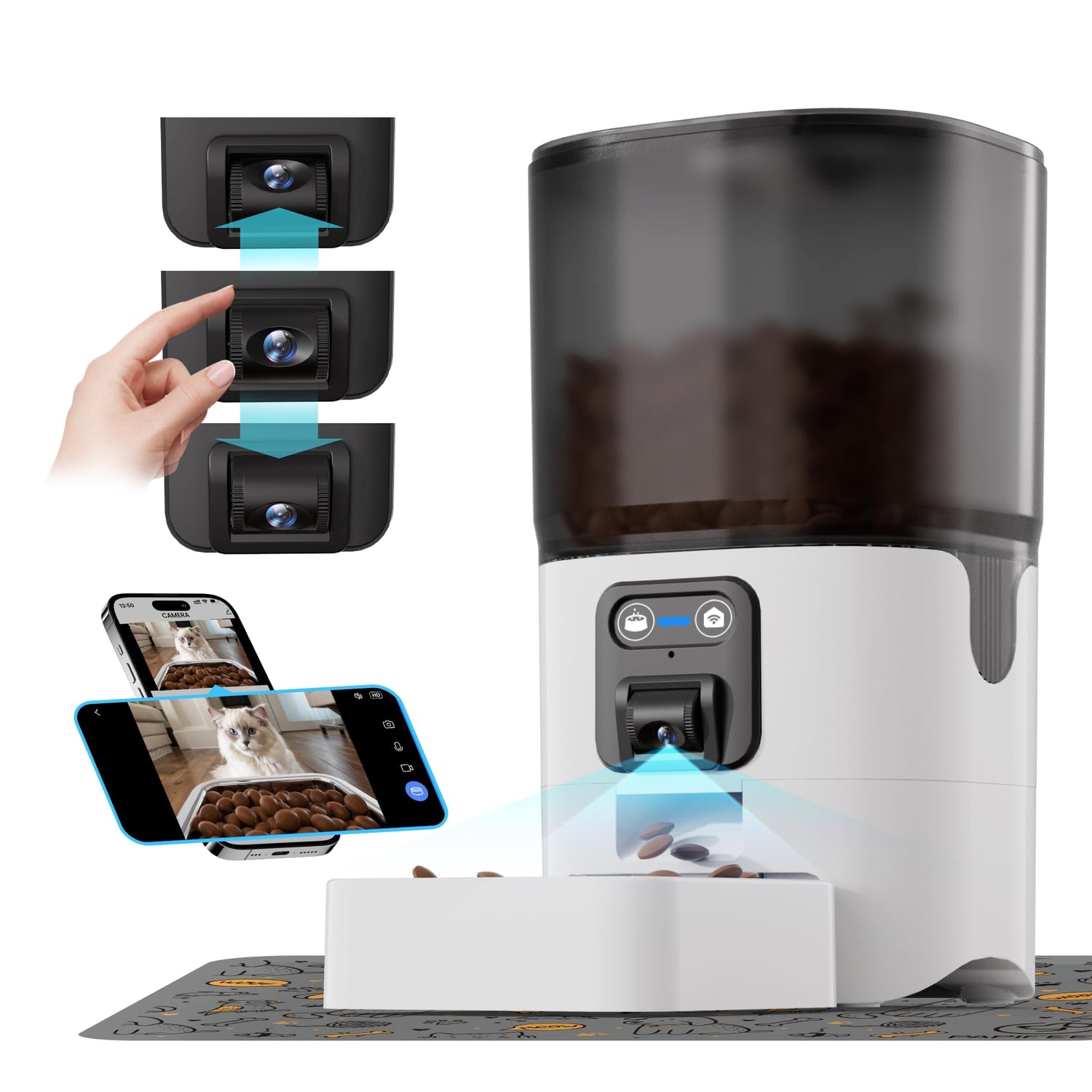 Muffy automatic cat feeder with manual camera, 2.4G WiFi, digital feed dispenser for pet food and remote monitoring.