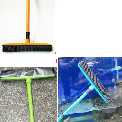 Muffy pet hair removal broom with long handle and rubber brush for easy grooming and lint removal on furniture and floors.