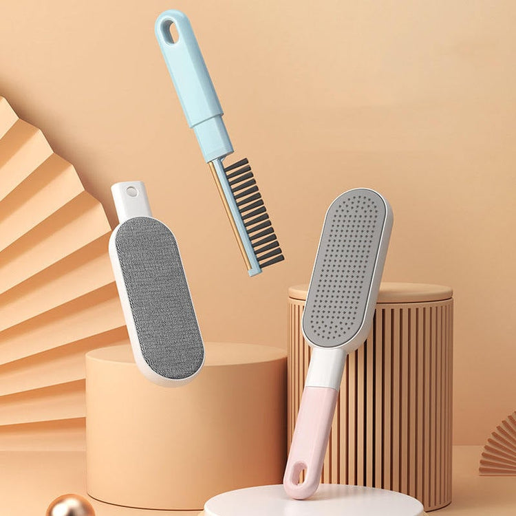 Pink Muffy double-sided pet hair removal brush designed for furniture with textured surfaces and easy hair removal.