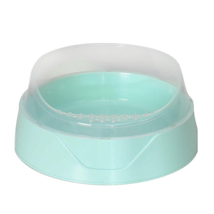 Large semi-enclosed pink cat litter box with matching scoop from Muffy, designed for easy cleaning and privacy.