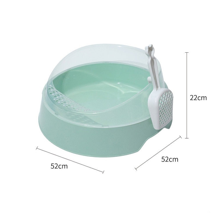 Large semi-enclosed pink cat litter box by Muffy with a matching shovel, designed for easy cleaning and privacy for cats.