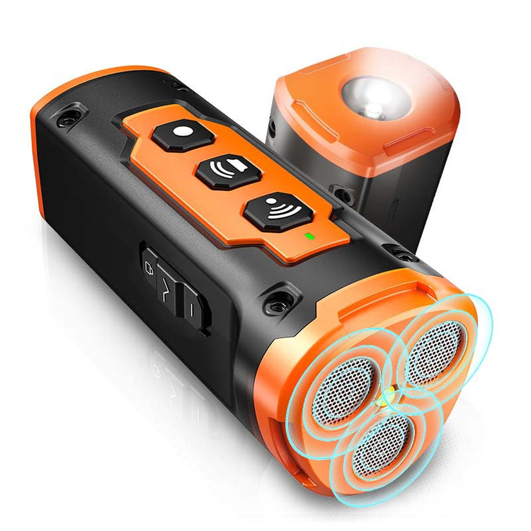 Muffy 2023 Ultrasonic Dog Repeller with flashlight, compact black device for humane dog deterrence and outdoor safety.