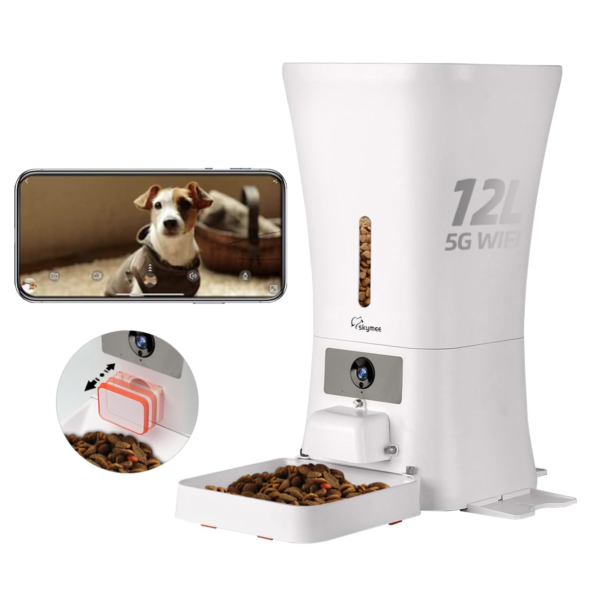 Muffy SKYMEE 12L smart automatic dog feeder with camera for large breeds, featuring 5G WiFi connectivity and digital controls.