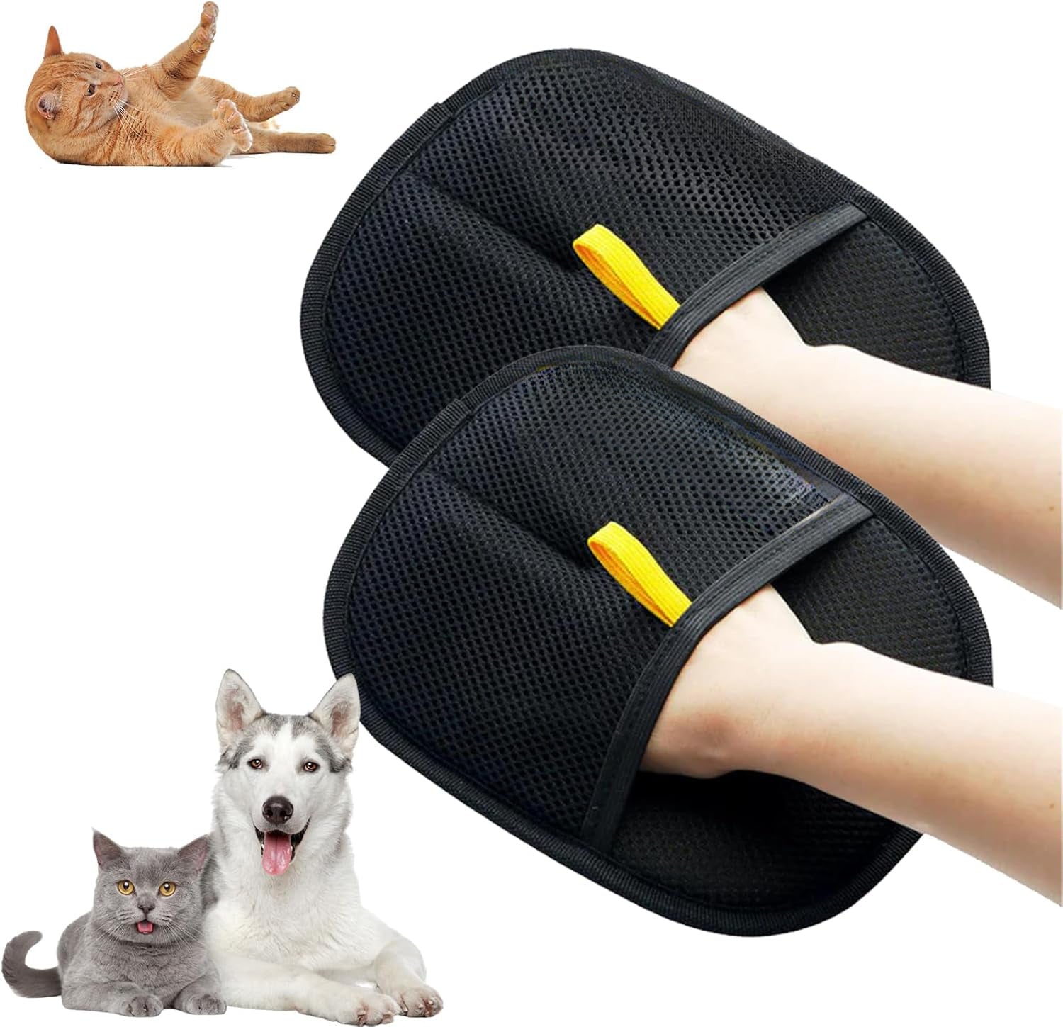 Muffy pet hair removal gloves with textured silicone surface for easy grooming and removing pet hair from clothing and furniture.