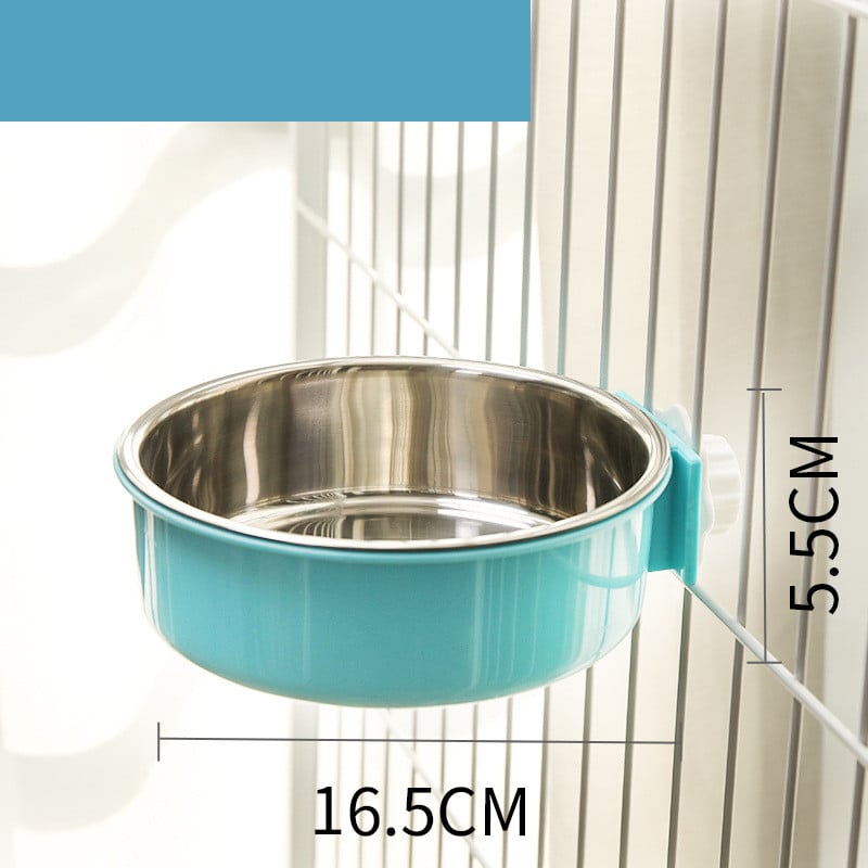 Muffy stainless steel hanging cat water bowl with neck guard, designed to prevent spills and keep water clean for cats.