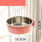 Stainless steel hanging cat water bowl with neck guard, designed by Muffy, for easy access and spill prevention.