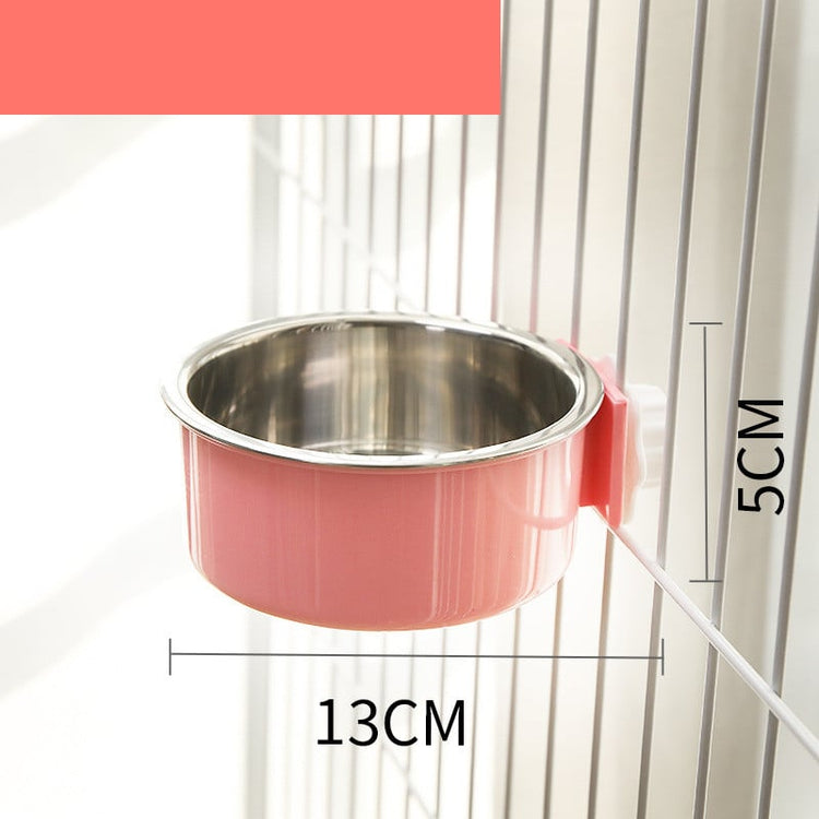 Muffy stainless steel hanging cat water bowl with neck guard, designed to prevent spills and keep water clean.