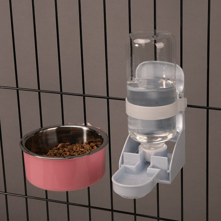Stainless steel hanging cat water bowl with neck guard by Muffy, designed to prevent spills and keep water clean.
