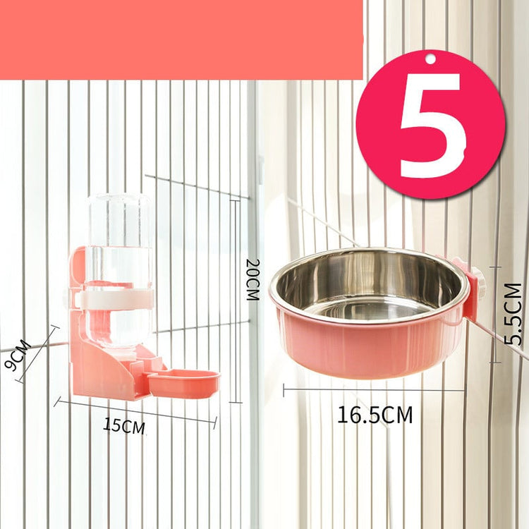 Stainless steel hanging cat water bowl with neck guard by Muffy, designed for easy access and spill prevention.