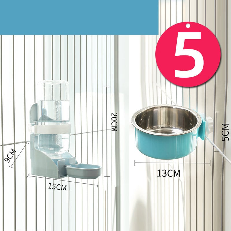 Muffy stainless steel hanging cat water bowl with neck guard, designed to prevent spills and keep water clean.