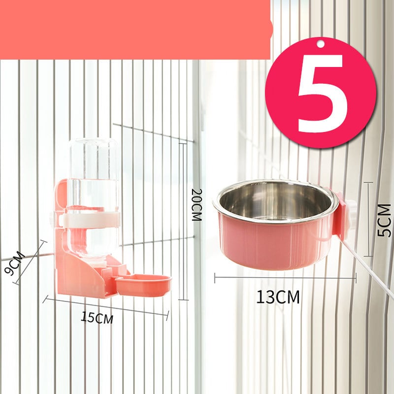 Muffy stainless steel hanging cat water bowl with neck guard, designed to prevent spills and keep water clean for cats.