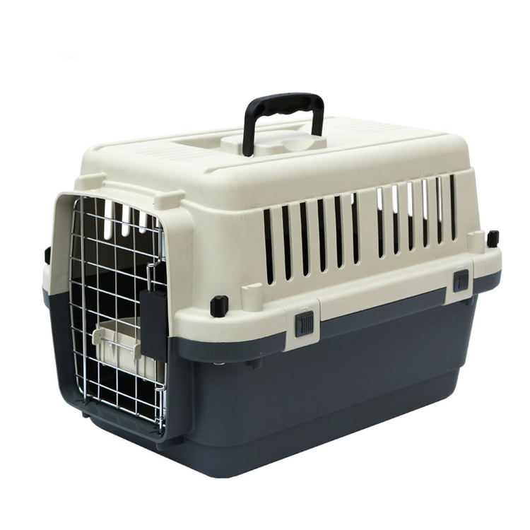 Muffy beige and white pet air travel box with blue accents, measuring 101x68x75cm, suitable for medium-sized pets.