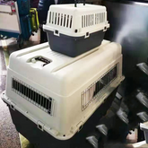 Beige, white, and grey Muffy Pet Air Travel Box with blue accents, measuring 101x68x75cm, designed for safe pet transportation.