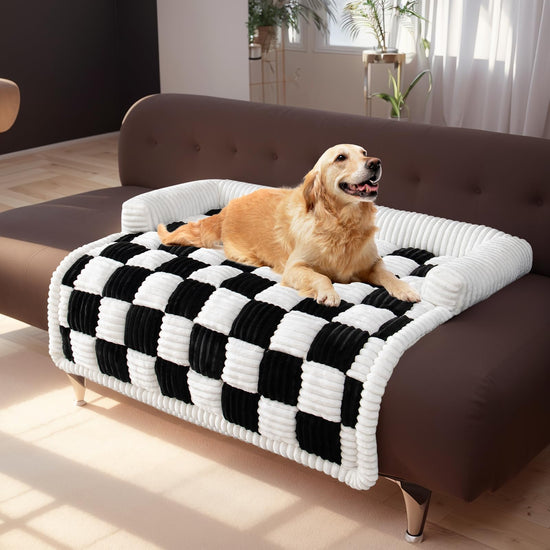 Black 36x36-inch Muffy dog couch cover with thick quilted plaid design, fuzzy texture, non-slip backing, ideal for large dogs.