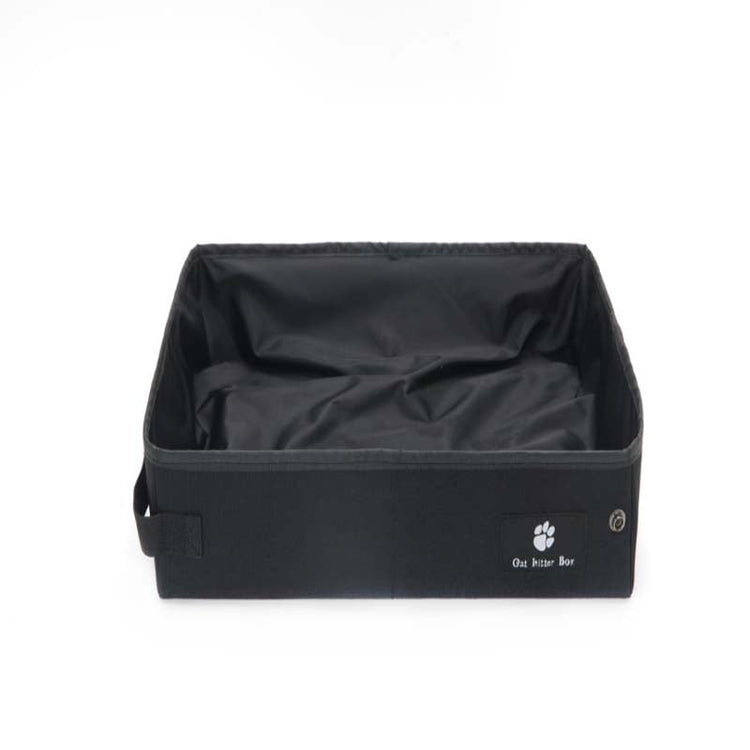 Black portable folding cat litter box by Muffy, ideal for outdoor travel, compact and easy to carry.