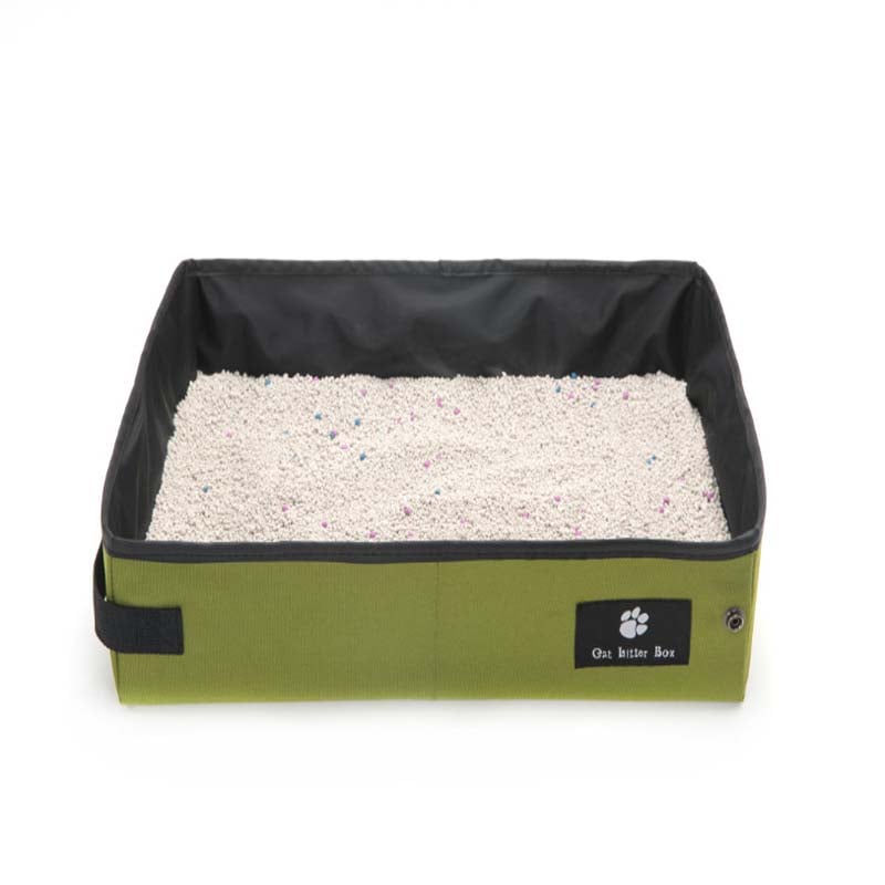 Muffy black portable folding cat litter box for outdoor travel, compact and lightweight with open top and foldable design.