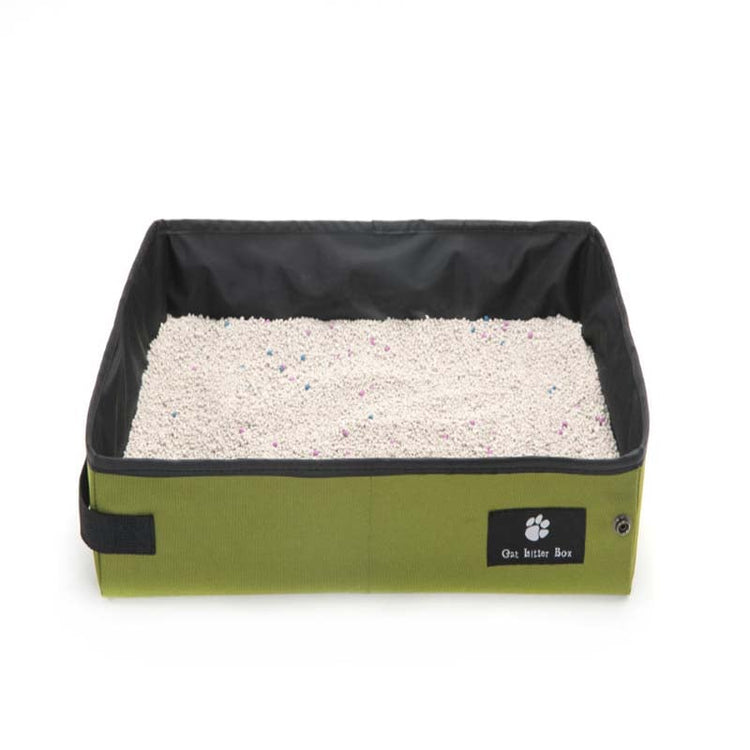 Muffy black portable folding cat litter box for outdoor travel, compact and lightweight with open top and foldable design.