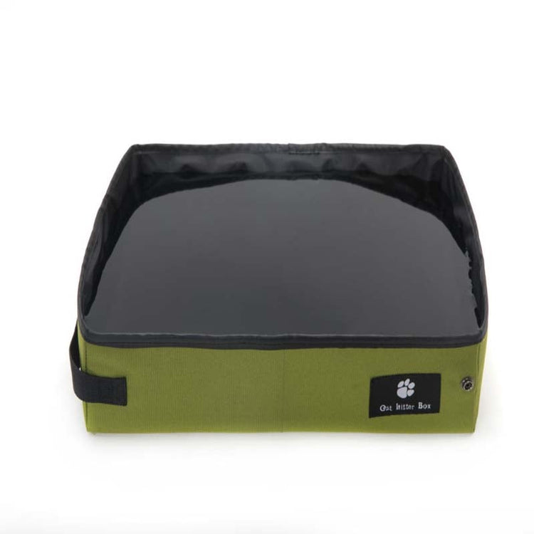 Black portable folding cat litter box by Muffy, designed for outdoor travel, with a compact 40x30x10cm size and easy foldable design.