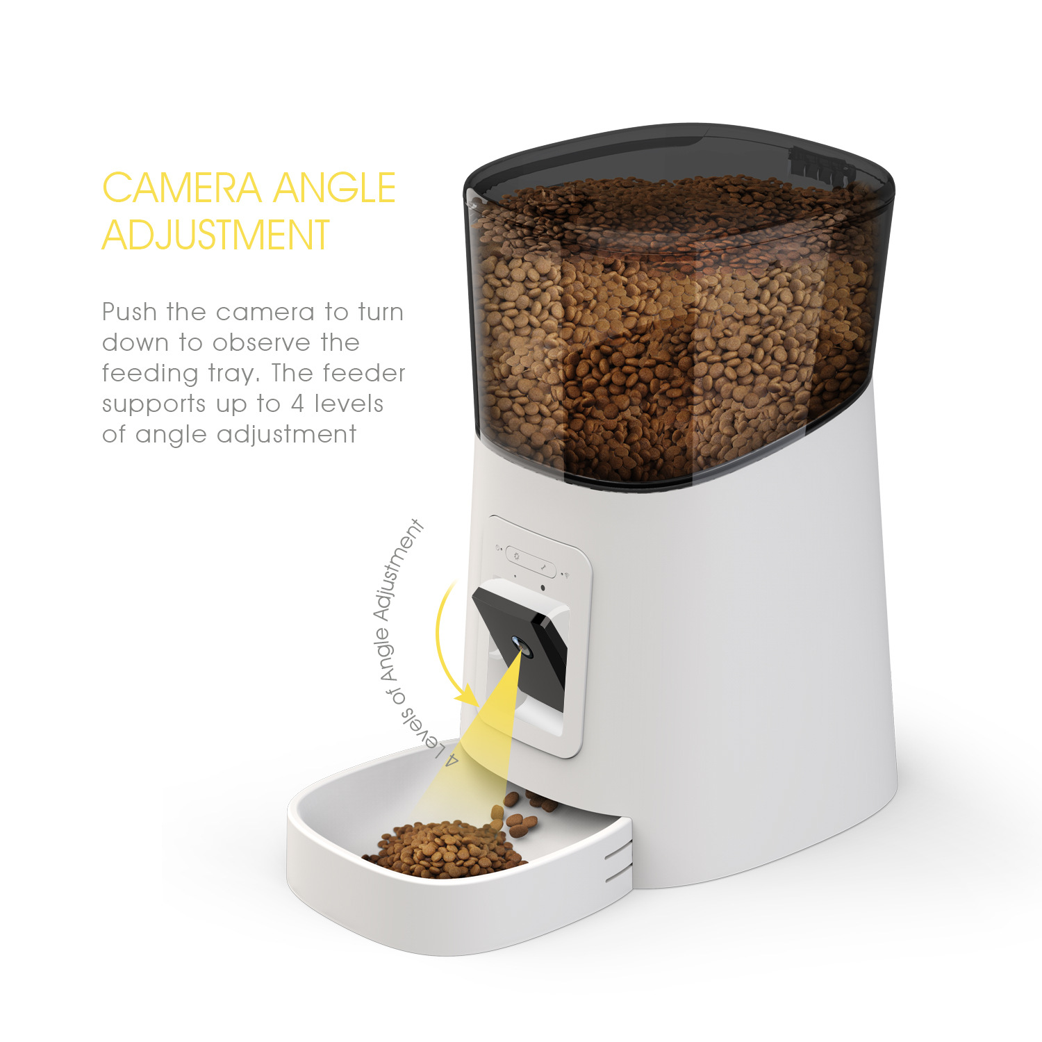 Muffy black automatic pet feeder with built-in camera for remote feeding and monitoring pets.
