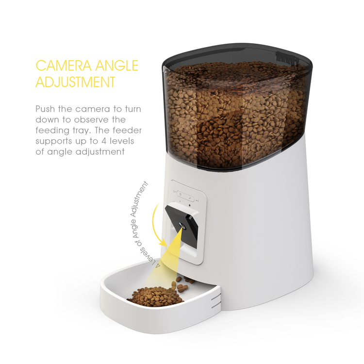 Muffy black automatic pet feeder with built-in camera for remote feeding and monitoring pets.