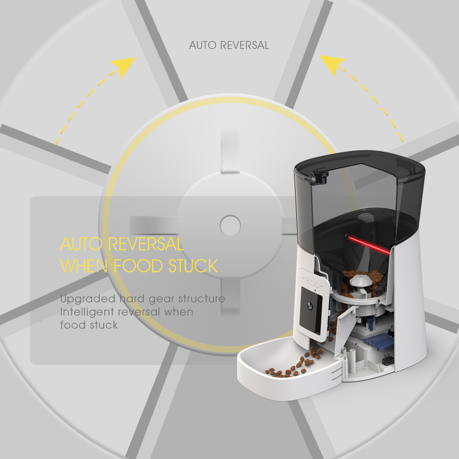 Black Muffy automatic pet feeder with built-in camera for remote feeding and monitoring pets.