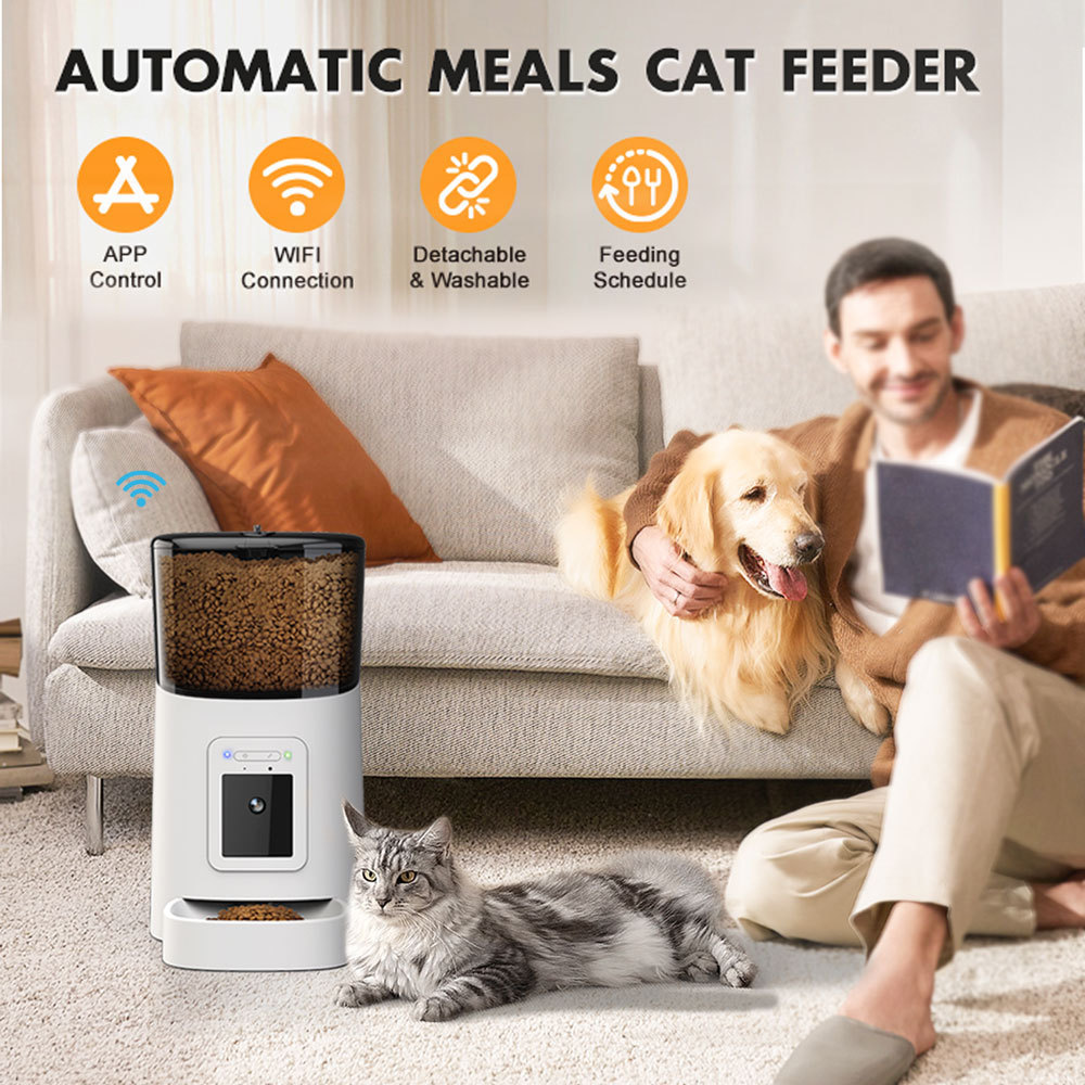 Muffy black automatic pet feeder with built-in camera for remote feeding and monitoring pets.