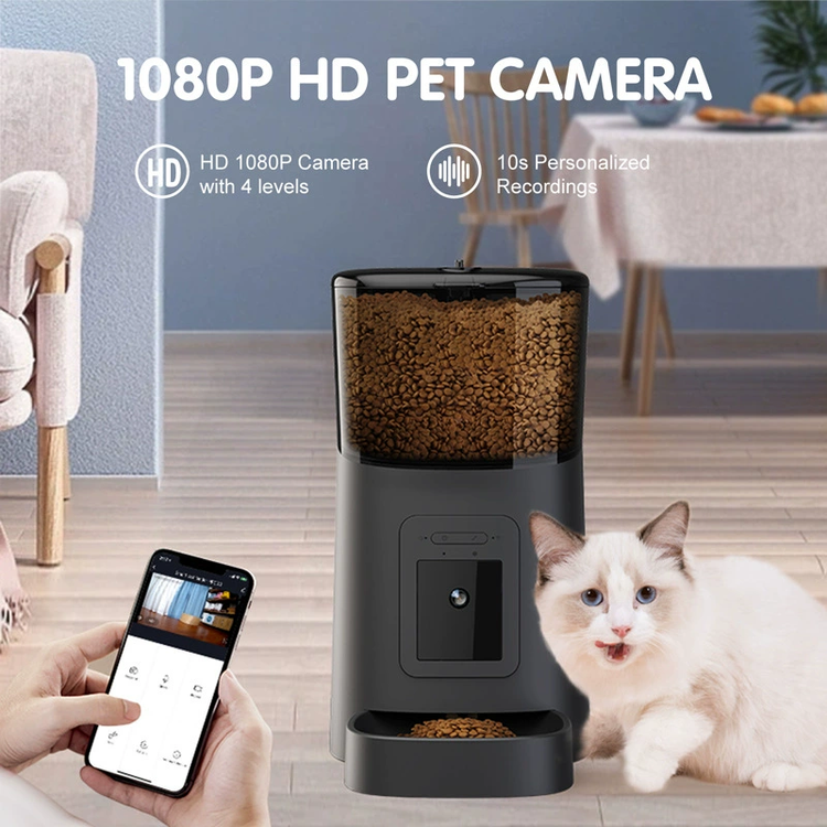 Black Muffy automatic pet feeder with built-in camera for easy remote feeding and pet monitoring.