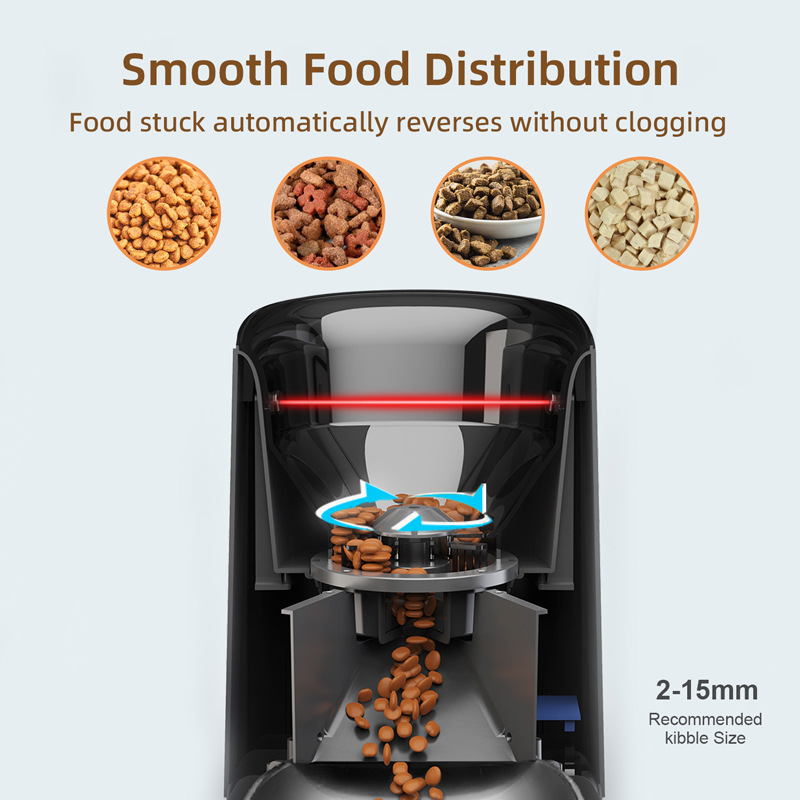 Black Muffy automatic pet feeder with built-in camera for easy monitoring and feeding of pets.