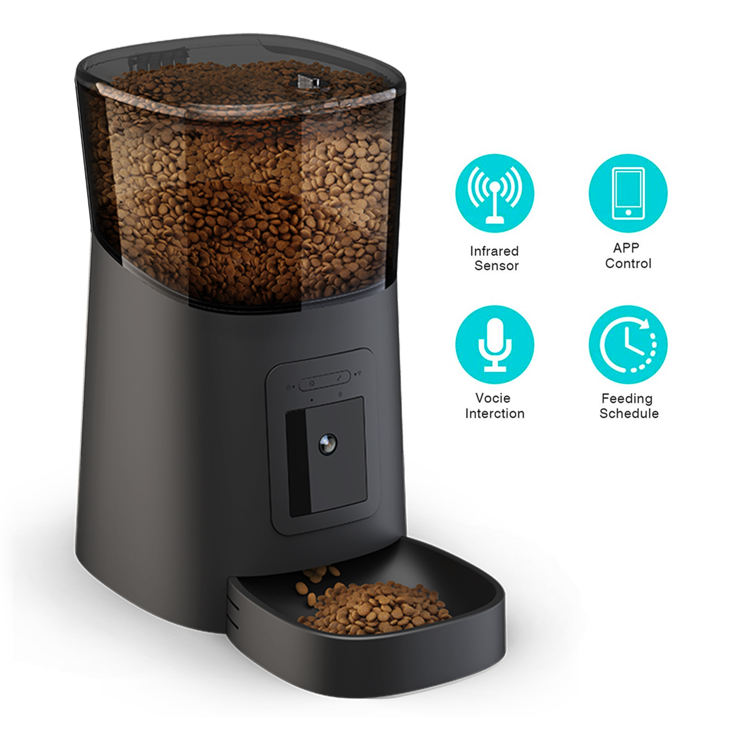 Muffy black automatic pet feeder with built-in camera for convenient pet feeding and monitoring.