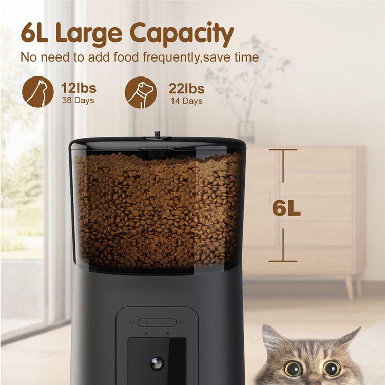 Black Muffy automatic pet feeder with built-in camera for remote feeding and monitoring of pets.