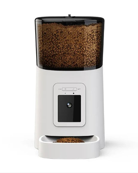 Muffy black automatic pet feeder with built-in camera, featuring a digital control panel and food tray for convenient pet feeding.