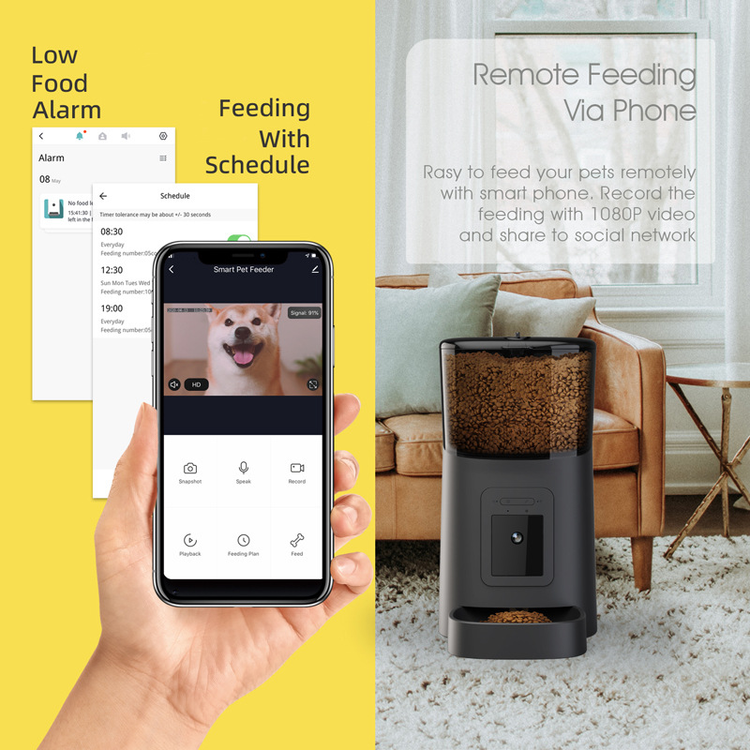 Muffy black automatic pet feeder with built-in camera for remote monitoring and feeding of pets.