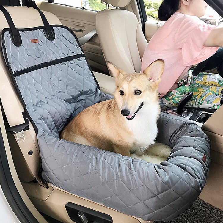 Muffy black multifunctional pet car bed with thick cushion, suitable for small to medium-sized pets, providing comfort during travel.