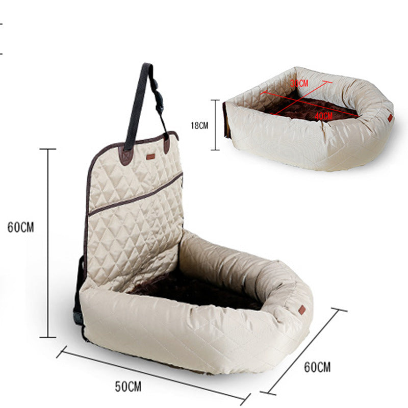 Black Muffy multifunctional pet car bed with thick cushion, designed for comfort and safety during car travel for small pets.