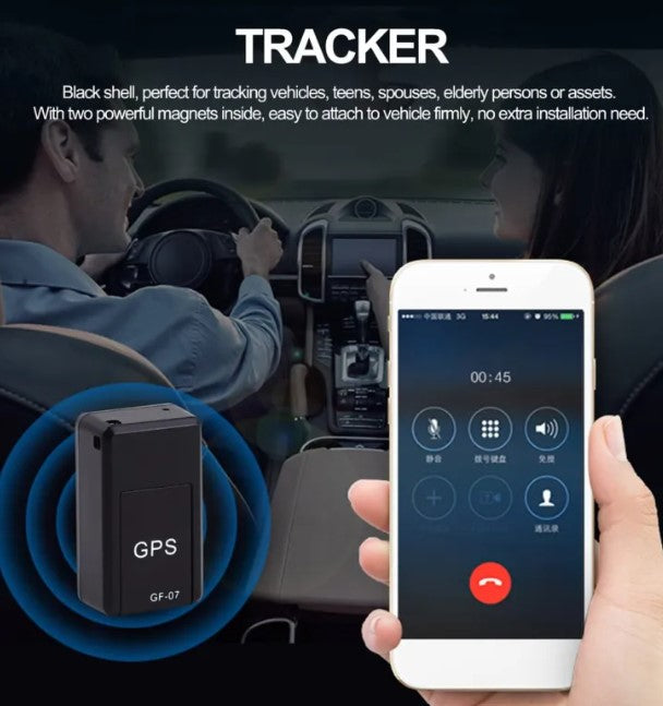 Black Muffy GPS tracker device with compact design, showing electronic components and branding for accurate location tracking.