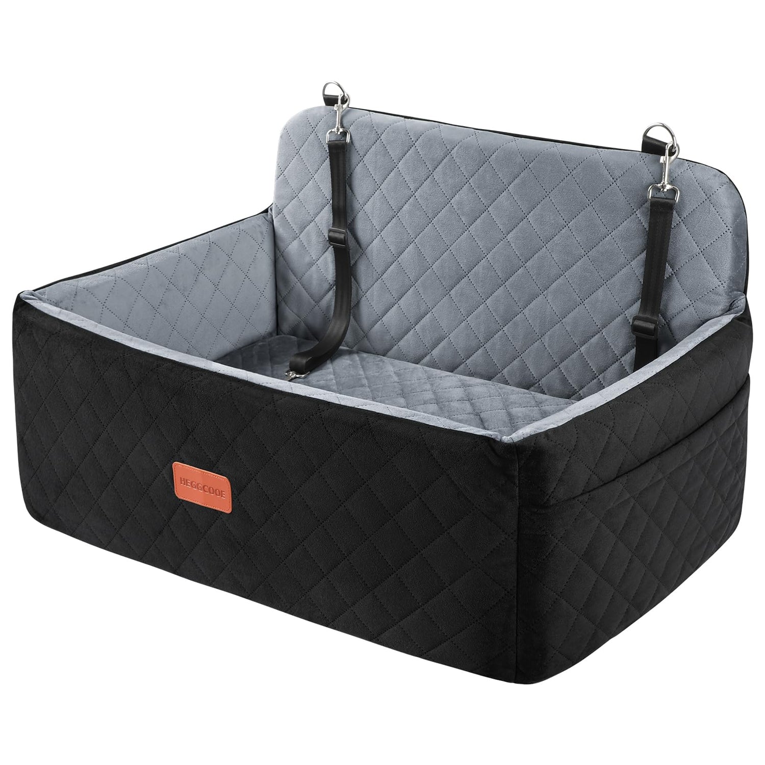 Muffy HEGGCOOE dog car seat for medium and large dogs, black and grey, with safety leashes, washable fabric, suitable for backseat use.