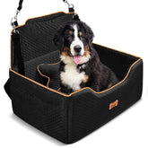 Muffy PWTAA extended dog car seat for small to medium dogs with side pockets, washable, spacious booster for car travel.