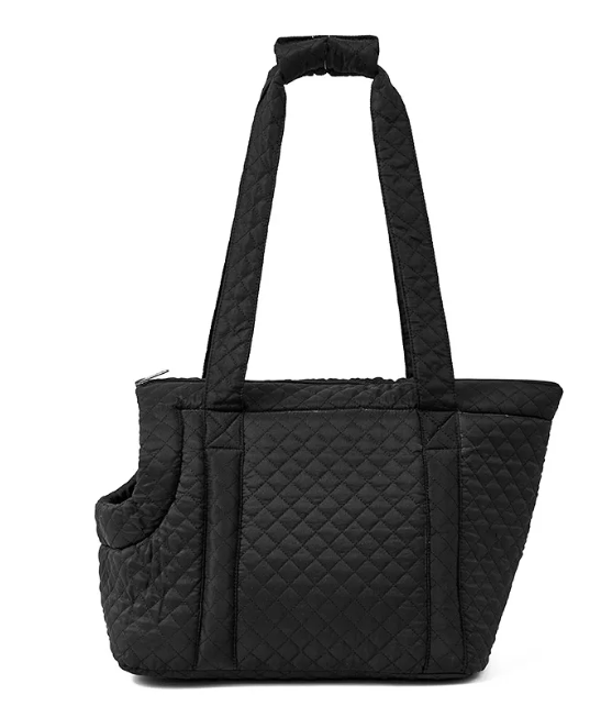 Black quilted Korean-style pet travel bag by Muffy with breathable mesh panels and comfortable handles for easy pet transport.
