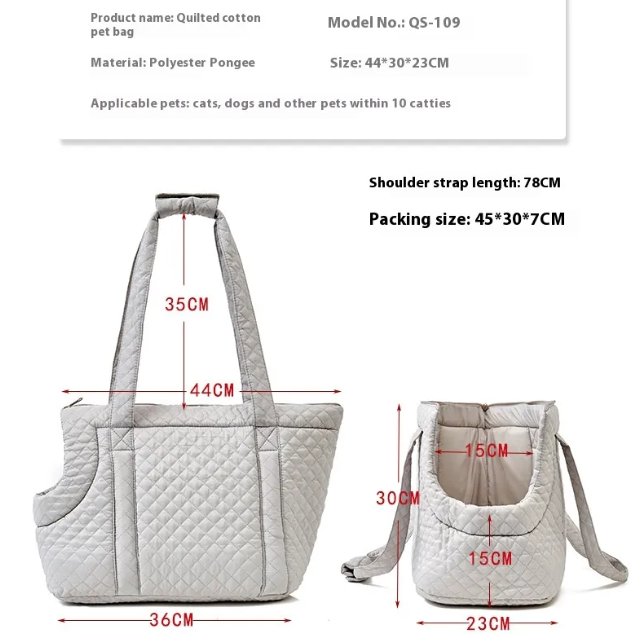 Black quilted Korean-style pet travel bag by Muffy, featuring a padded exterior and mesh ventilation for comfortable pet transport.