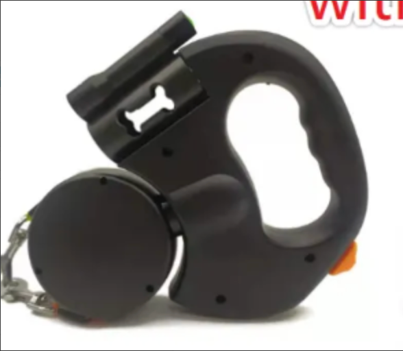 Black Muffy retractable dog leash with built-in lights, adjustable length, and comfortable handle for walking pets at night.
