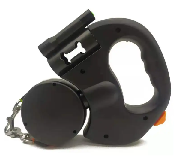 Black Muffy retractable dog leash with built-in lights, showing the leash extended with the handle and LED illumination visible.