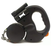 Black Muffy retractable dog leash with built-in lights, featuring a comfortable handle and adjustable length for outdoor walks.