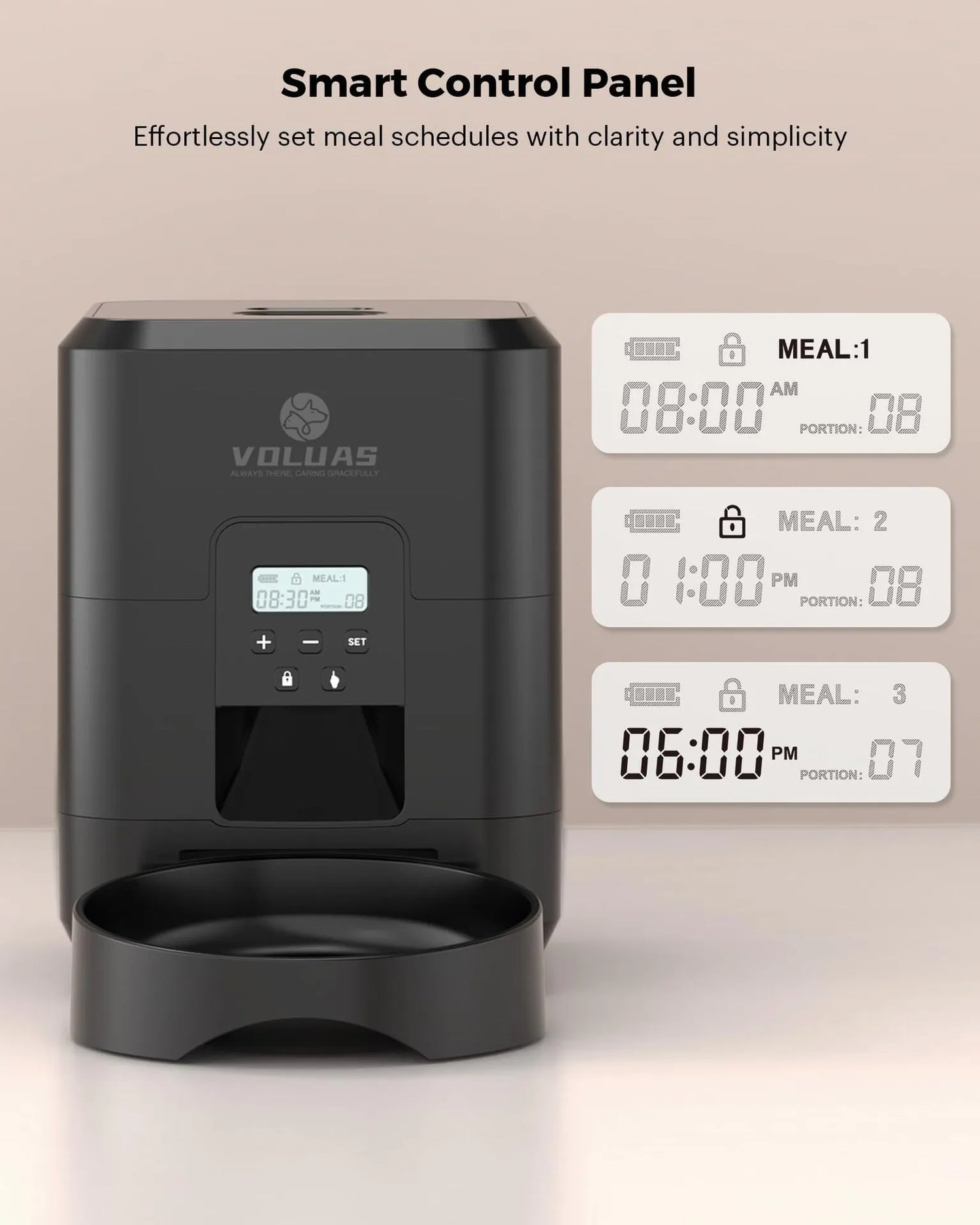 Black Muffy Pet Intelligent Automatic Feeder with Wi-Fi, digital display, and food dispensing system for pets.